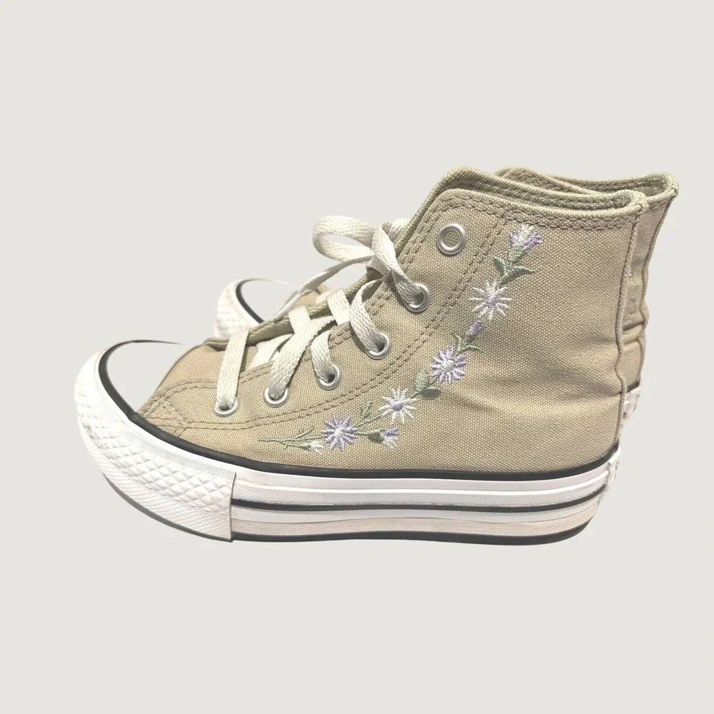 Converse All Star High Top Kids Sneakers Tan Canvas Floral Embroidery Purple